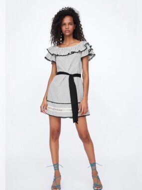 Zara Striped Belted Ruffle Dress
